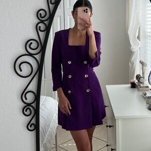 Zara Purple Double Breasted Gold Button Blazer Square Neck Mini Dress SZ XS